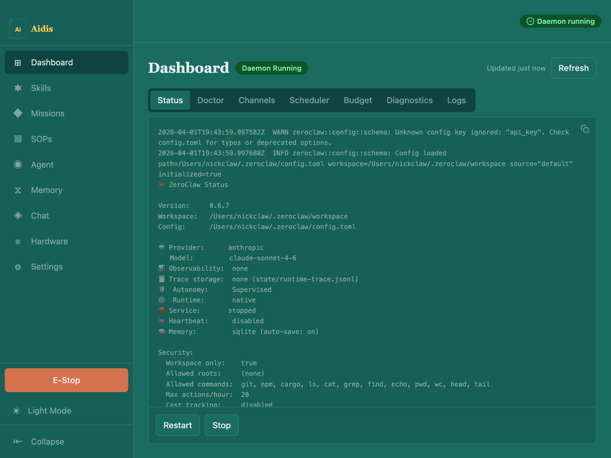 Aidis Desktop — Dashboard view