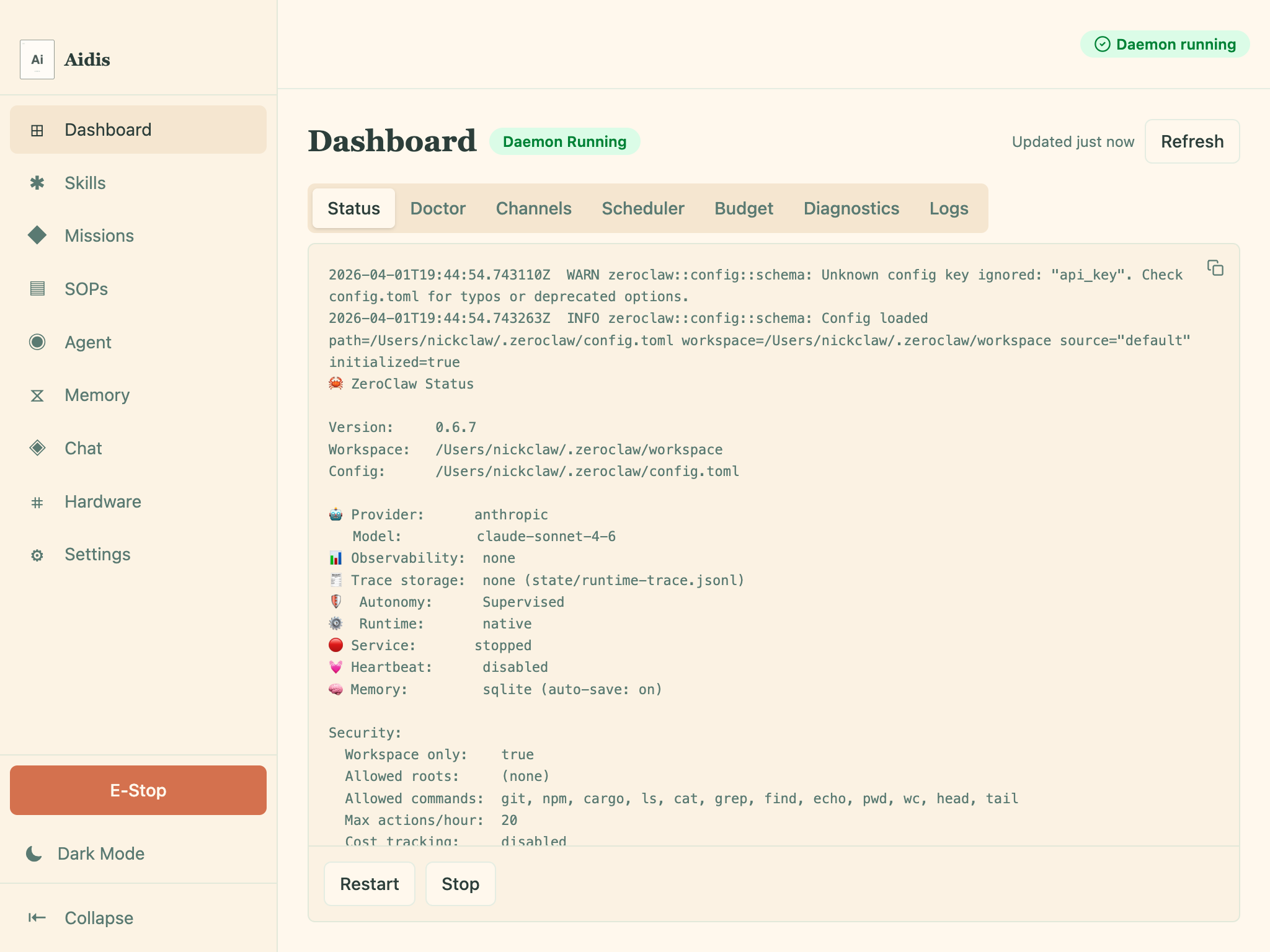 Aidis Desktop — Dashboard view